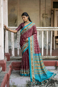 Thumbnail for Vishnu Weaves Women's Maroon Cotton Silk Printed Saree with Blouse - Distacart
