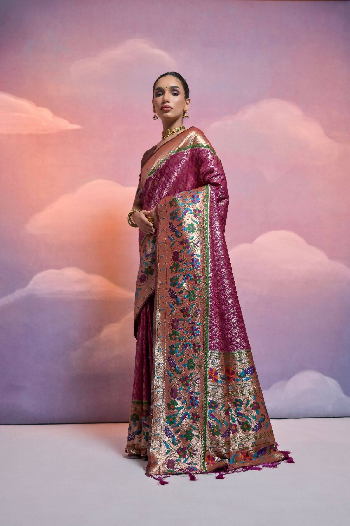 Vishnu Weaves Women's Wine Paithani Silk Zari Woven Saree with Blouse - Distacart