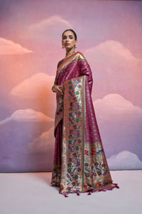 Thumbnail for Vishnu Weaves Women's Wine Paithani Silk Zari Woven Saree with Blouse - Distacart