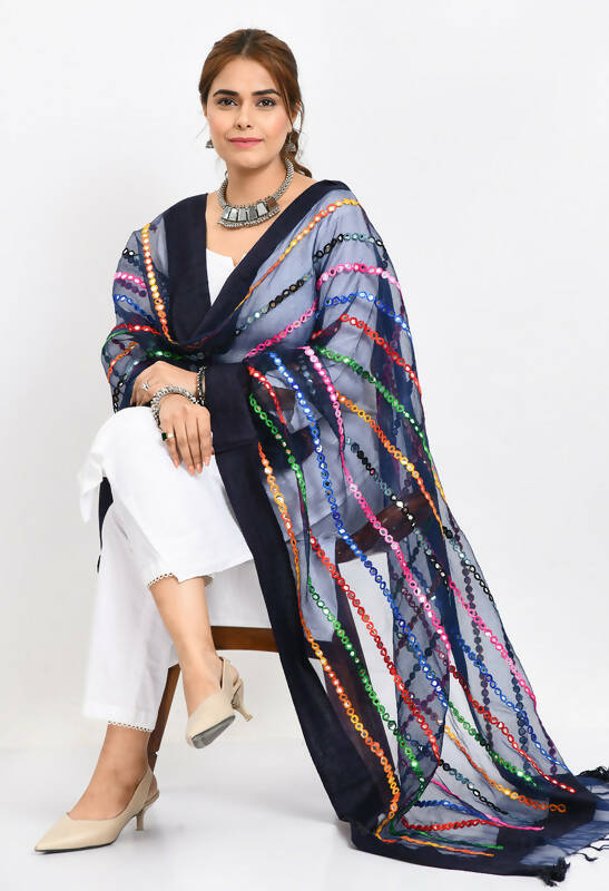Mominos Fashion Moeza Women's Orgenza Multi Thread Mirror Work Navy Blue Dupatta - Distacart