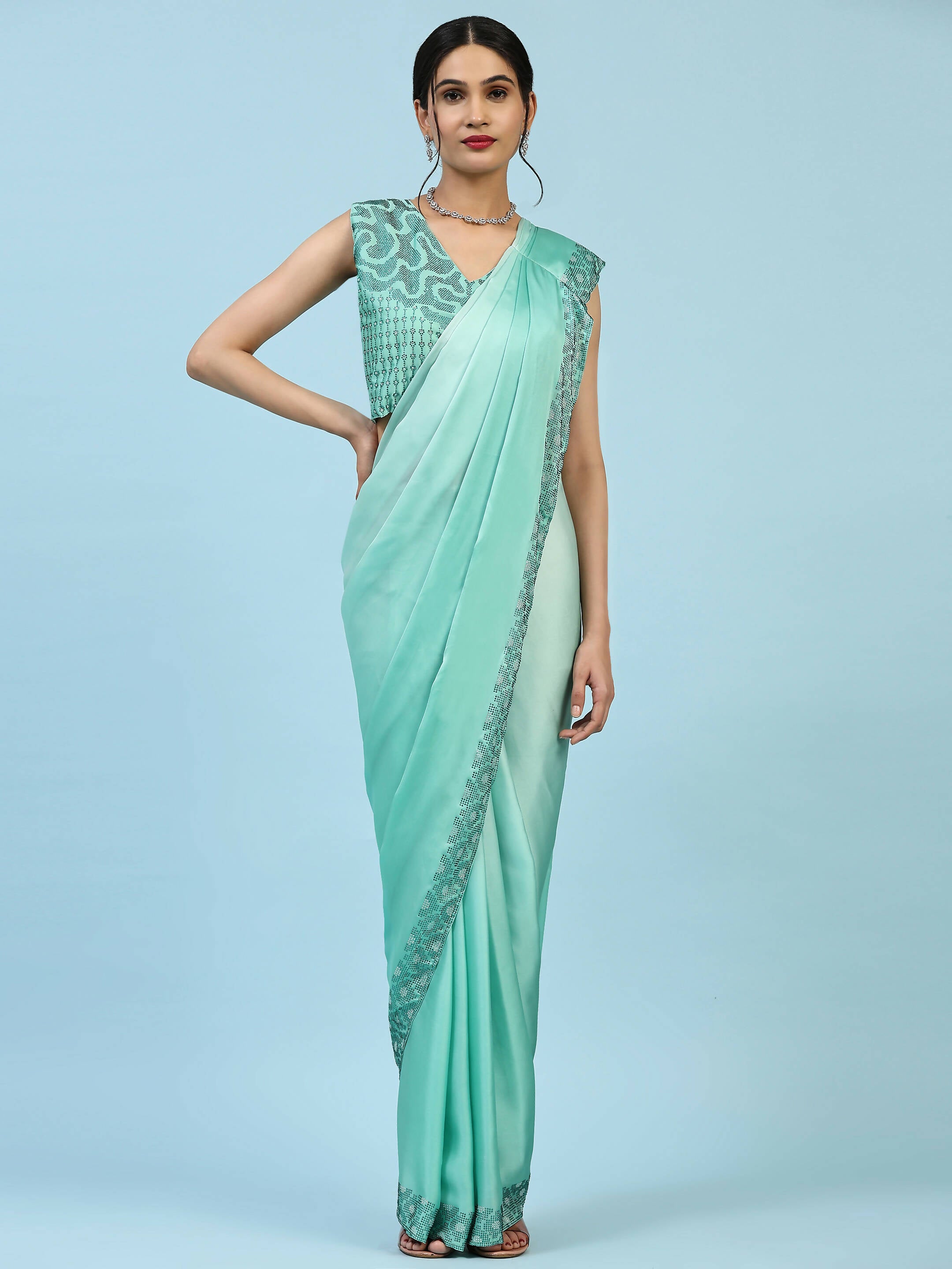 Sea Green Ombre Satin Georgette Plain Ready to wear Saree with stitched Blouse - Vrinda - Distacart