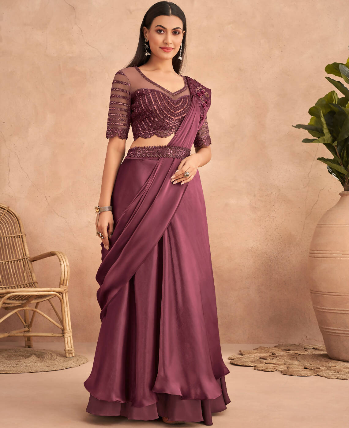 Wine Satin Embroidered Ready To Wear Saree With Unstitched Blouse Piece - Nandika - Distacart
