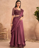 Thumbnail for Wine Satin Embroidered Ready To Wear Saree With Unstitched Blouse Piece - Nandika - Distacart