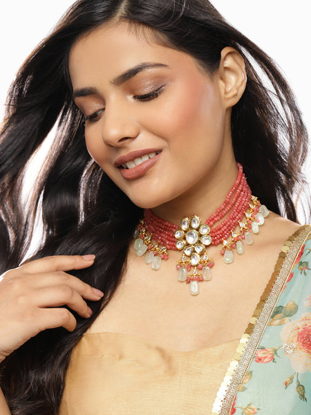 Pink White Brass Gold-Plated Necklace - Ruby Raang - Distacart