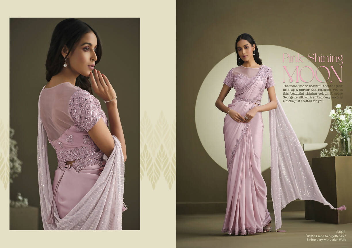 Pink Crepe Georgette Silk Sequence Embroidered With Stone Work Saree With Stitched Blouse - Mohmanthan La Belle - Distacart