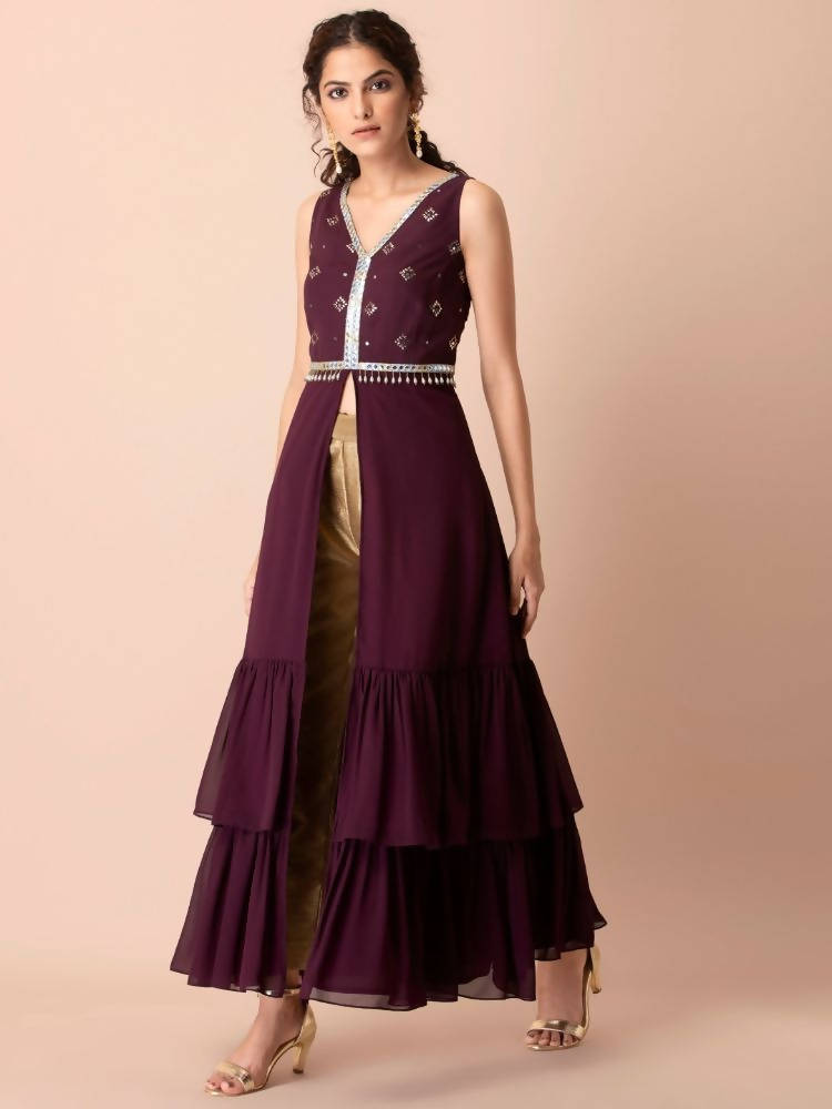 Indya Women Purple & Gold-Toned Embellished Ruffled High Slit Kurta - Distacart