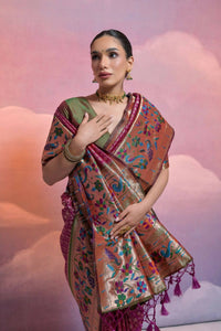 Thumbnail for Vishnu Weaves Women's Wine Paithani Silk Zari Woven Saree with Blouse - Distacart