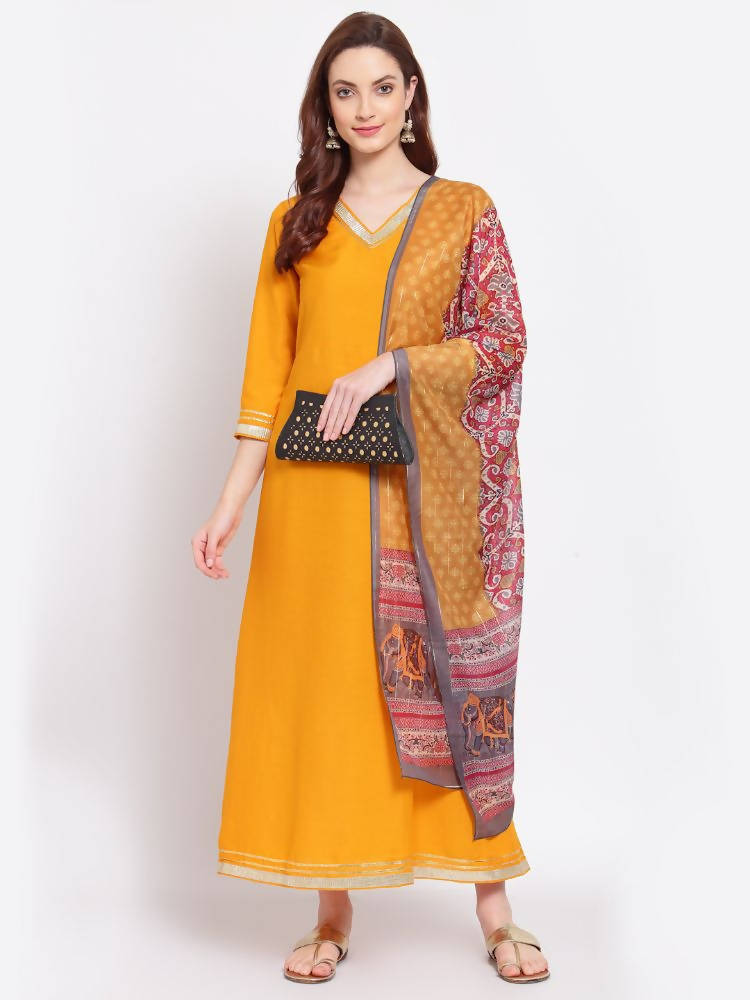 Myshka Women's Yellow Printed Silk Blend 3/4 Sleeve V Neck Casual Kurta Dupatta Set