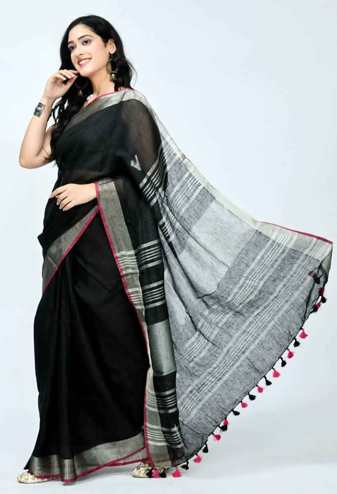 Mominos Fashion Moeza Pure Linen Black Saree
