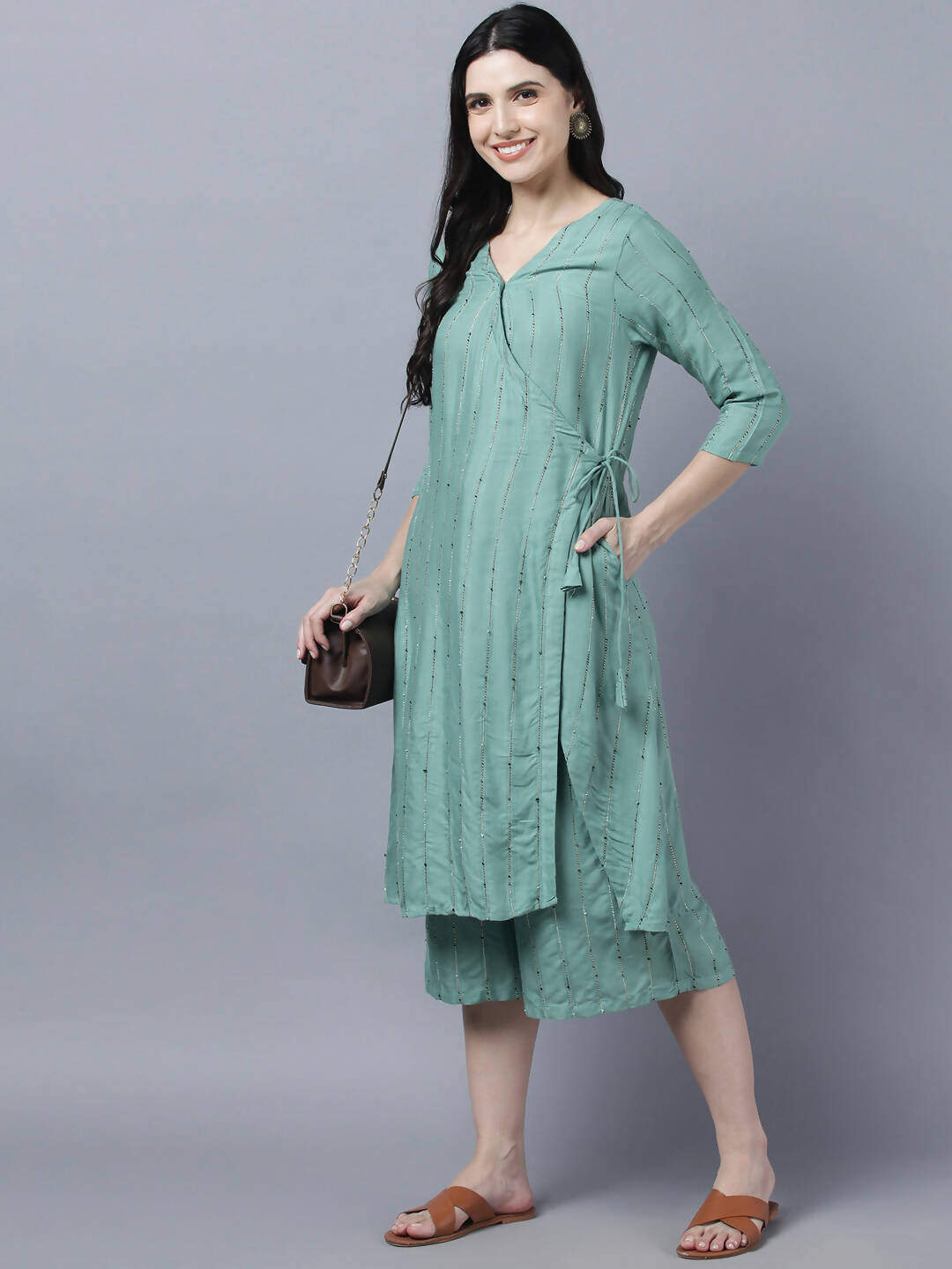 Myshka Women's Stylish Green Cotton 3/4 Sleeve Kurta Palazzo Set - Distacart