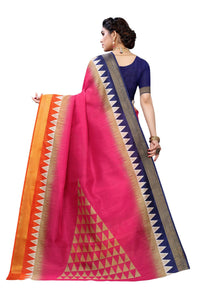 Thumbnail for Vamika Pink & Blue Linen Jari Border Saree (GUNJAN PINK) - Distacart