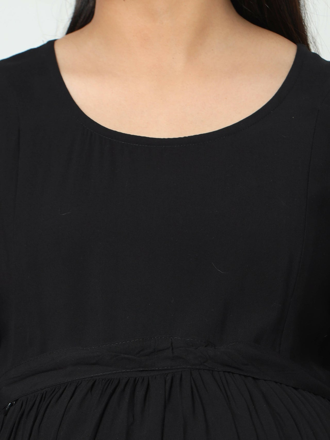 Manet Maternity Frill Slevee Solid Dress With Concealed Zipper Nursing Access - Black - Distacart