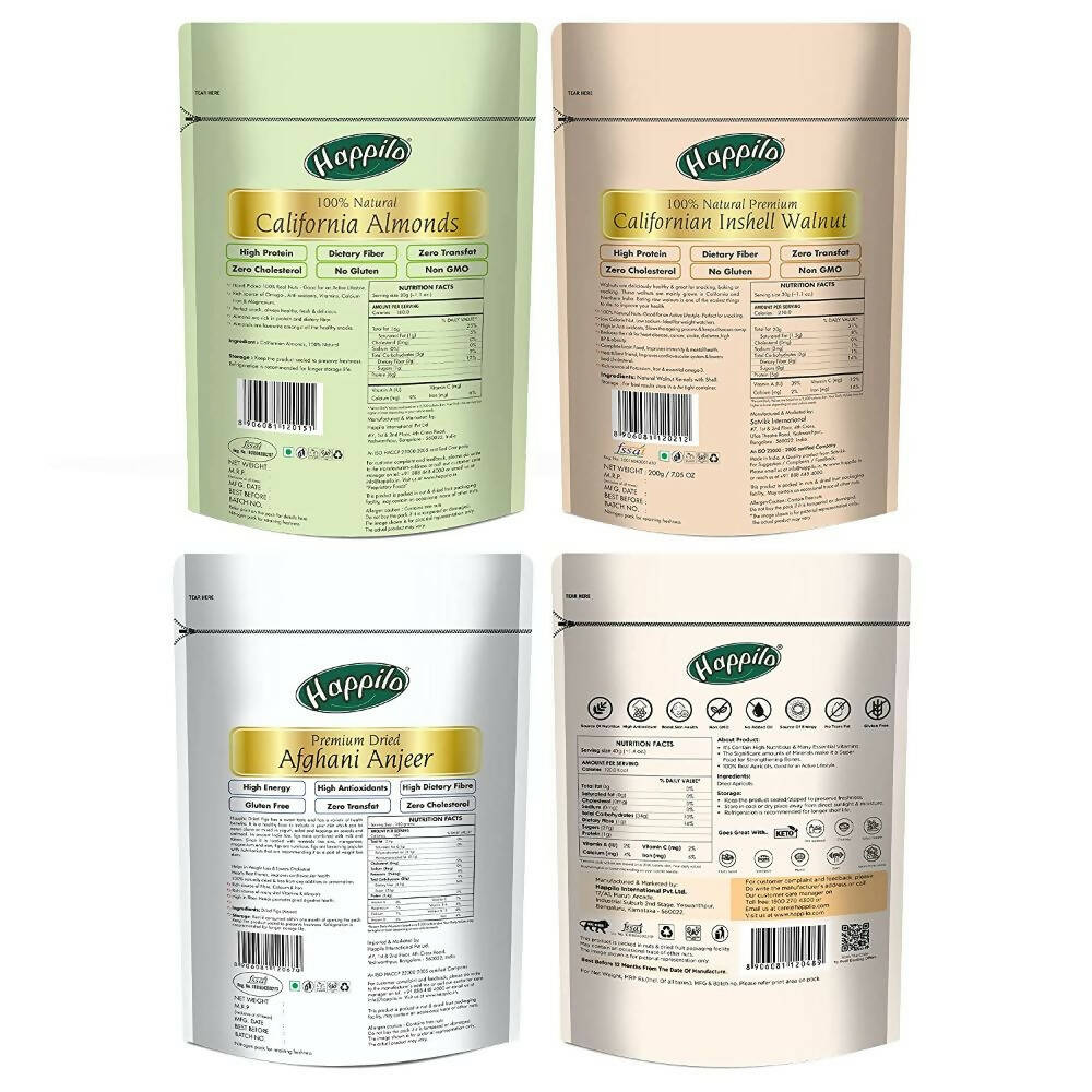 Happilo Premium Californian Almonds, Walnuts Inshell, Afghani Anjeer & Turkish Apricot Combo - Distacart