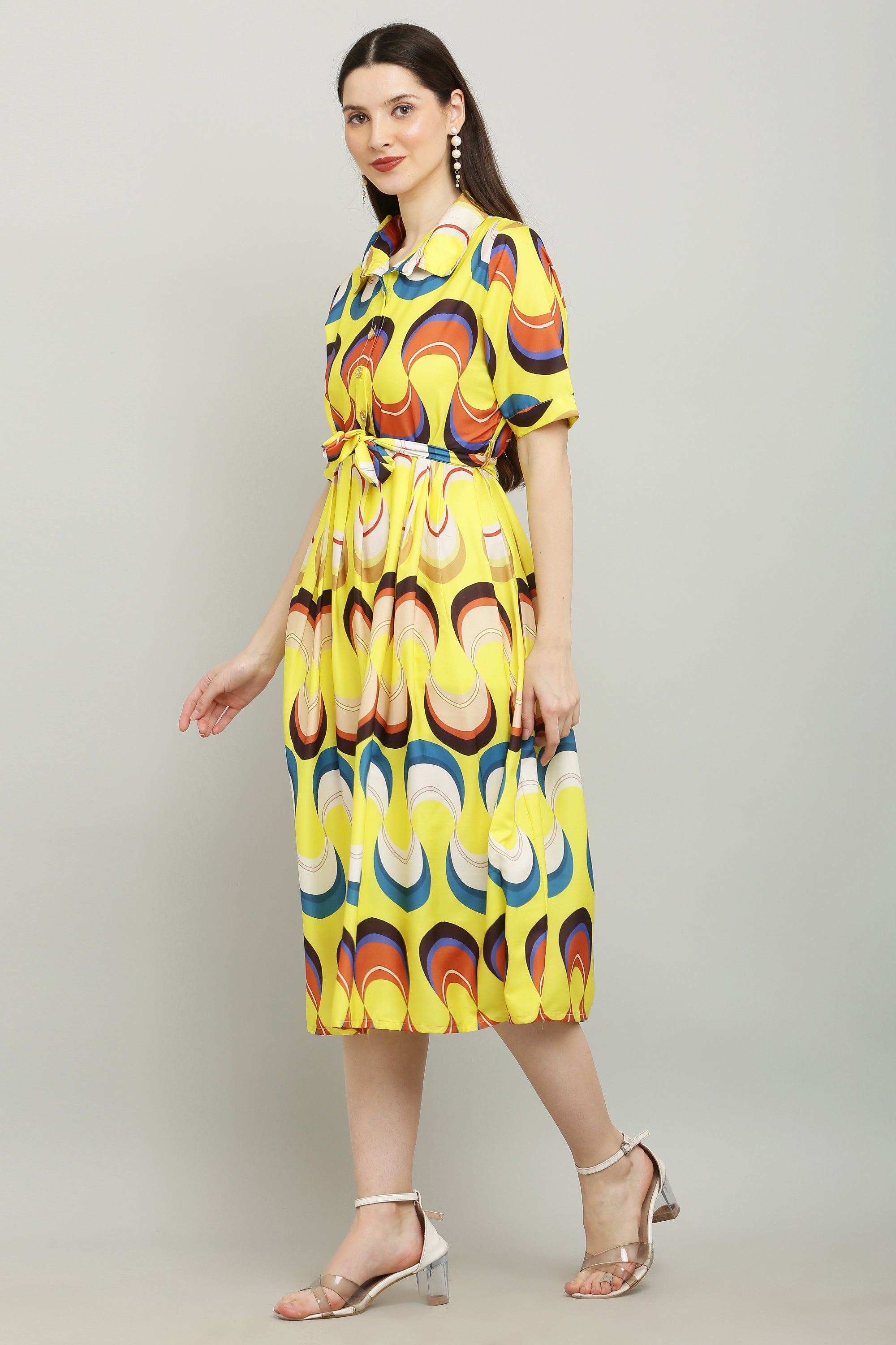 PAVONINE Zig-Zag Multi-Colors Printed Crepe Fabric Yellow Dress For Women - Distacart