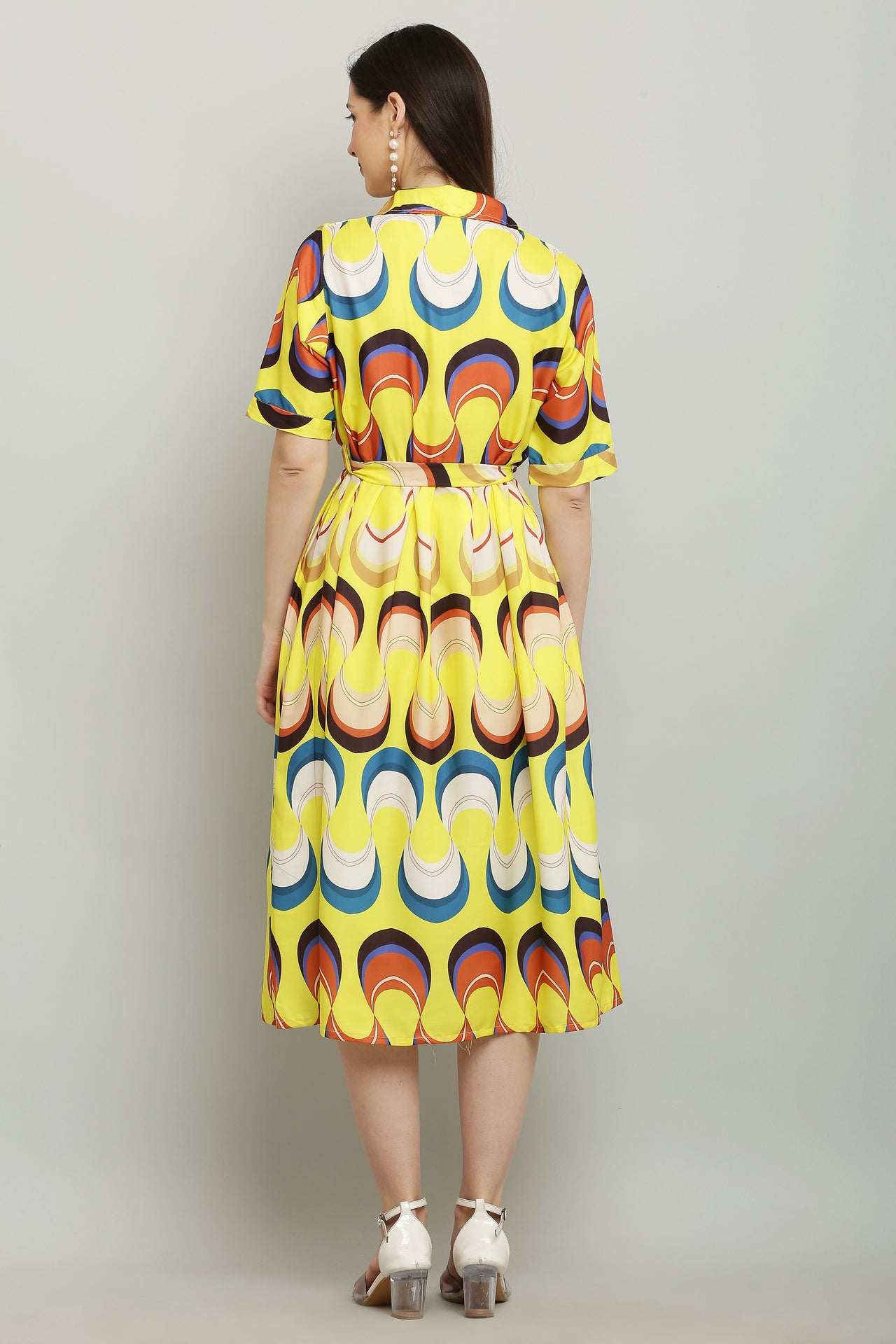 PAVONINE Zig-Zag Multi-Colors Printed Crepe Fabric Yellow Dress For Women - Distacart