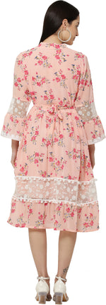 Thumbnail for PAVONINE Peach Color Flower Printed Lace Bottom Dress For Girls & Women - Distacart