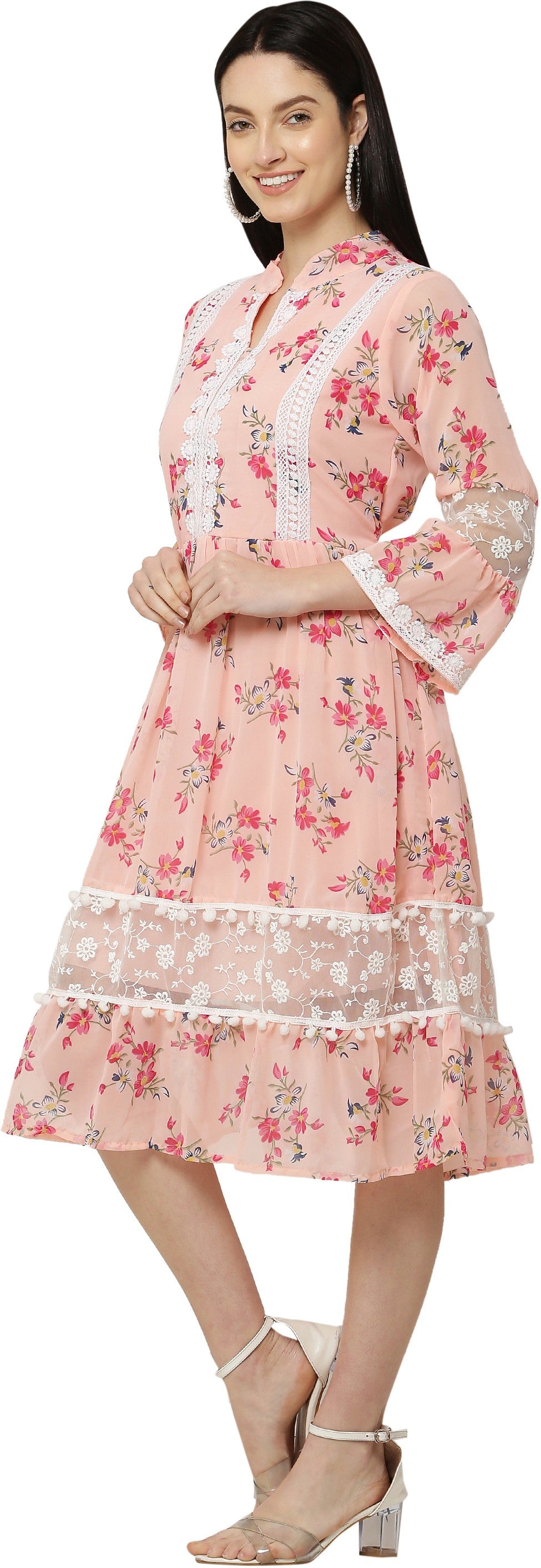 PAVONINE Peach Color Flower Printed Lace Bottom Dress For Girls & Women - Distacart