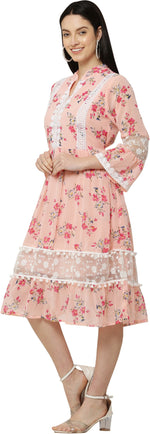 Thumbnail for PAVONINE Peach Color Flower Printed Lace Bottom Dress For Girls & Women - Distacart