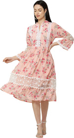 Thumbnail for PAVONINE Peach Color Flower Printed Lace Bottom Dress For Girls & Women - Distacart