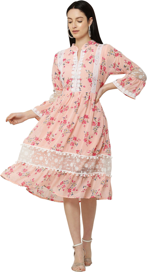 PAVONINE Peach Color Flower Printed Lace Bottom Dress For Girls & Women - Distacart