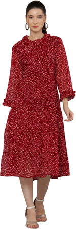 Thumbnail for PAVONINE Micro Dots Frill-Neck Georgette Fabric Maroon Dress For Women - Distacart