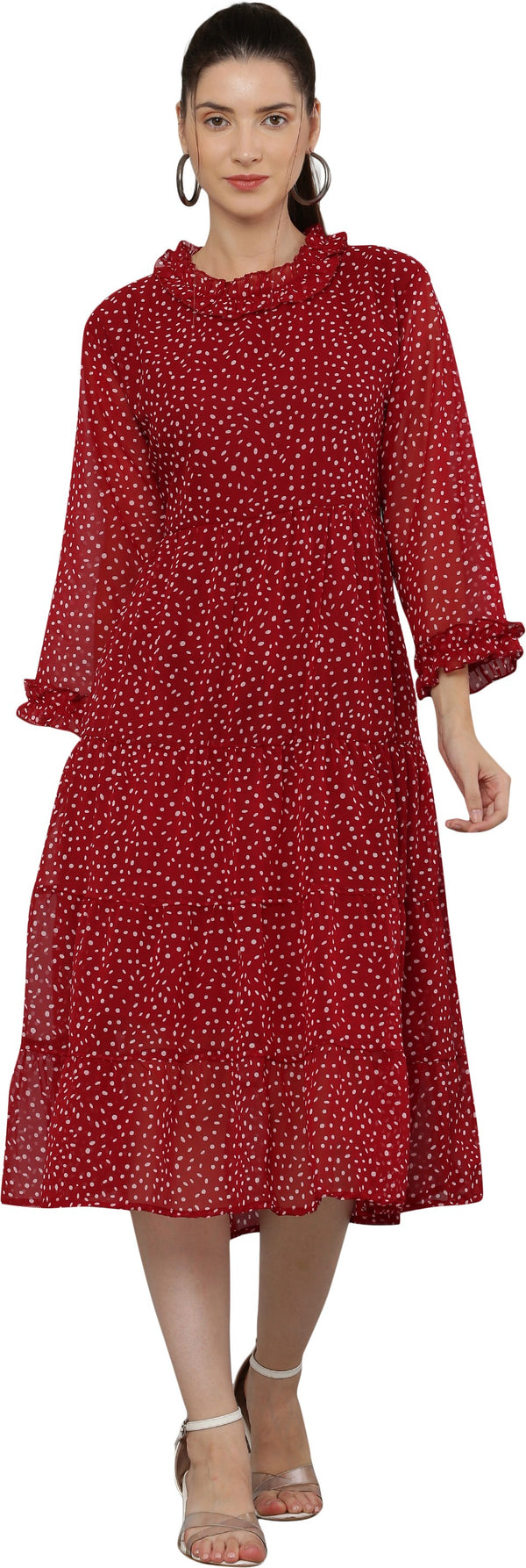 PAVONINE Micro Dots Frill-Neck Georgette Fabric Maroon Dress For Women - Distacart