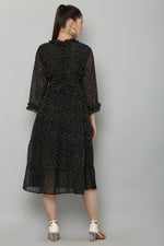 Thumbnail for PAVONINE Micro Dots Frill-Neck Georgette Fabric Black Dress For Women - Distacart