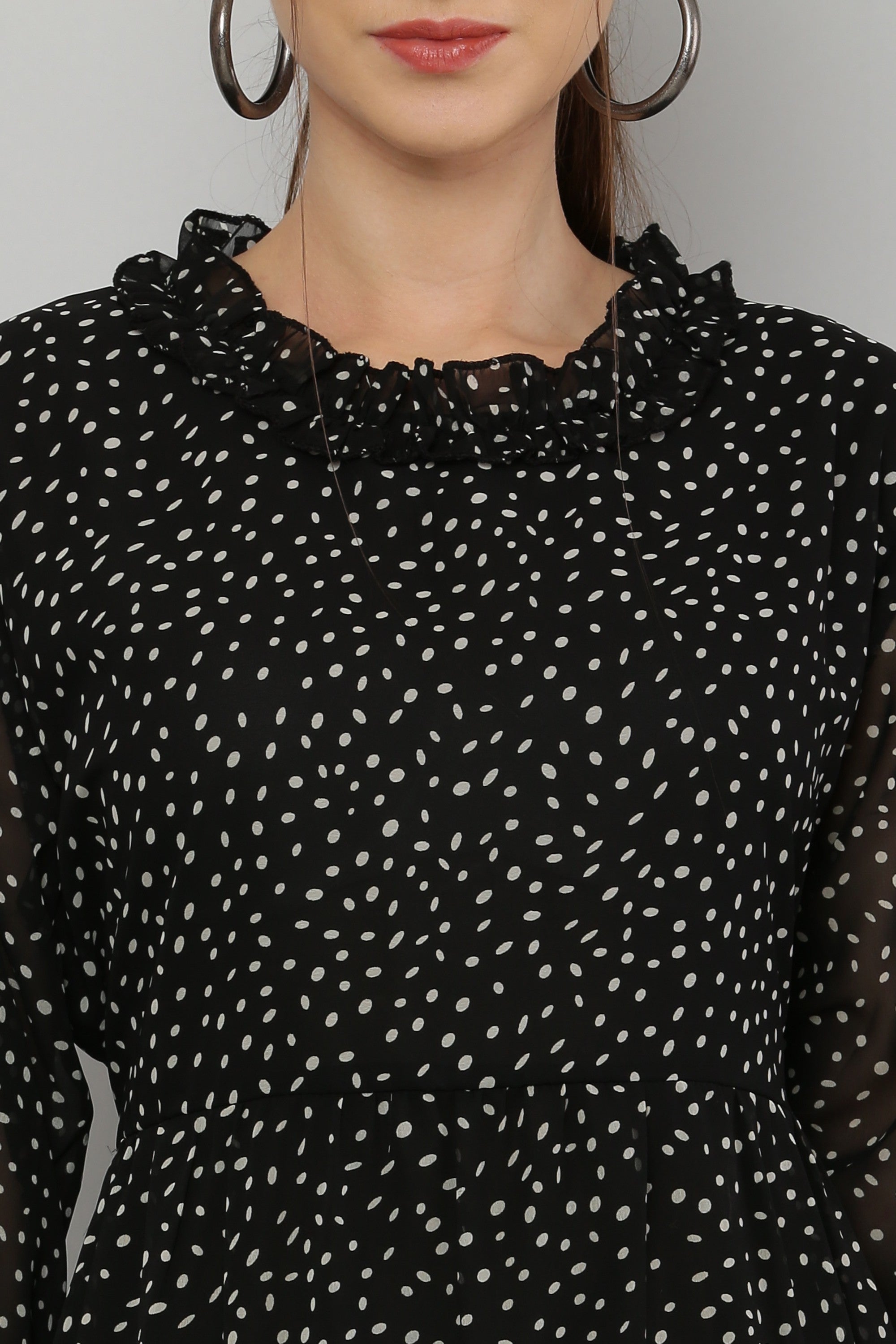 PAVONINE Micro Dots Frill-Neck Georgette Fabric Black Dress For Women - Distacart