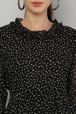 Thumbnail for PAVONINE Micro Dots Frill-Neck Georgette Fabric Black Dress For Women - Distacart