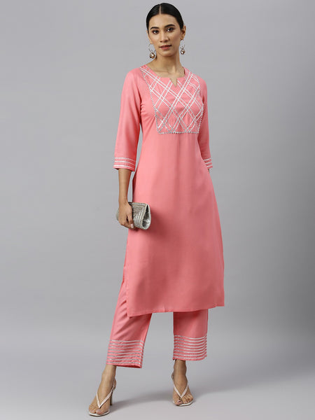 Khushal K Pink Color Rayon Kurta And Palazzo Set
