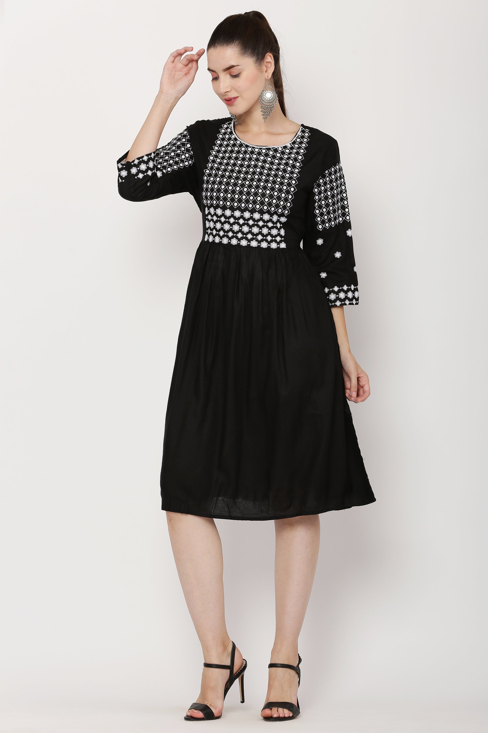 PAVONINE Black Color Polka Dots Embroidery Dress For Women - Distacart