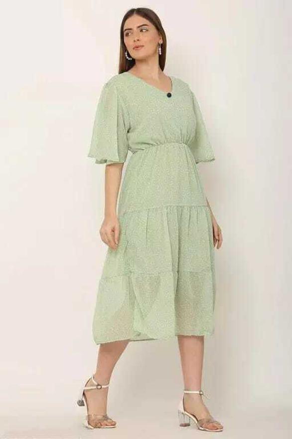 PAVONINE Micro Dots V-Neck Georgette Fabric Pista Dress For Women - Distacart