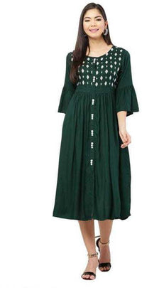 Thumbnail for PAVONINE Bottle Green Color Embroidery Work With Button Dress For Women - Distacart