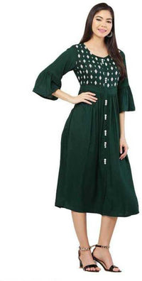 Thumbnail for PAVONINE Bottle Green Color Embroidery Work With Button Dress For Women - Distacart