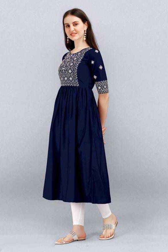 PAVONINE Navy Blue Color Burfi Design Embroidery Dress For Women - Distacart