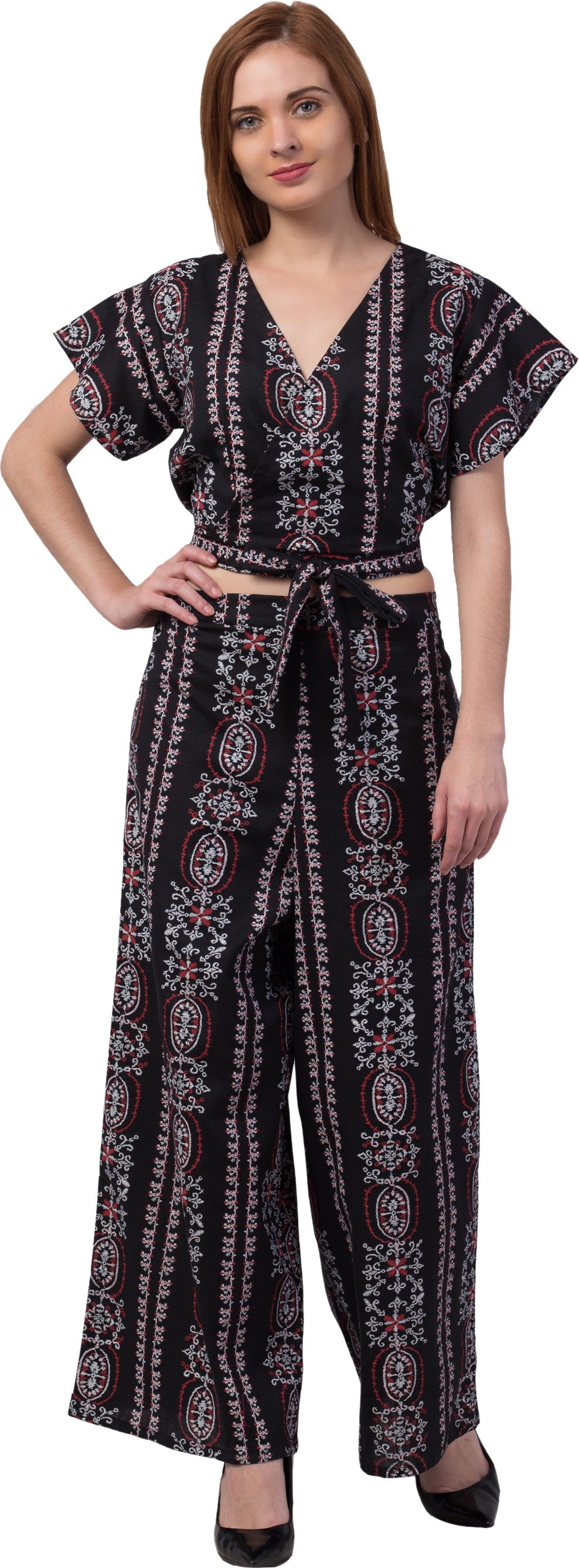 PAVONINE Black Color Printed Crop Top And Flared Palazzo Set For Girls & Women - Distacart