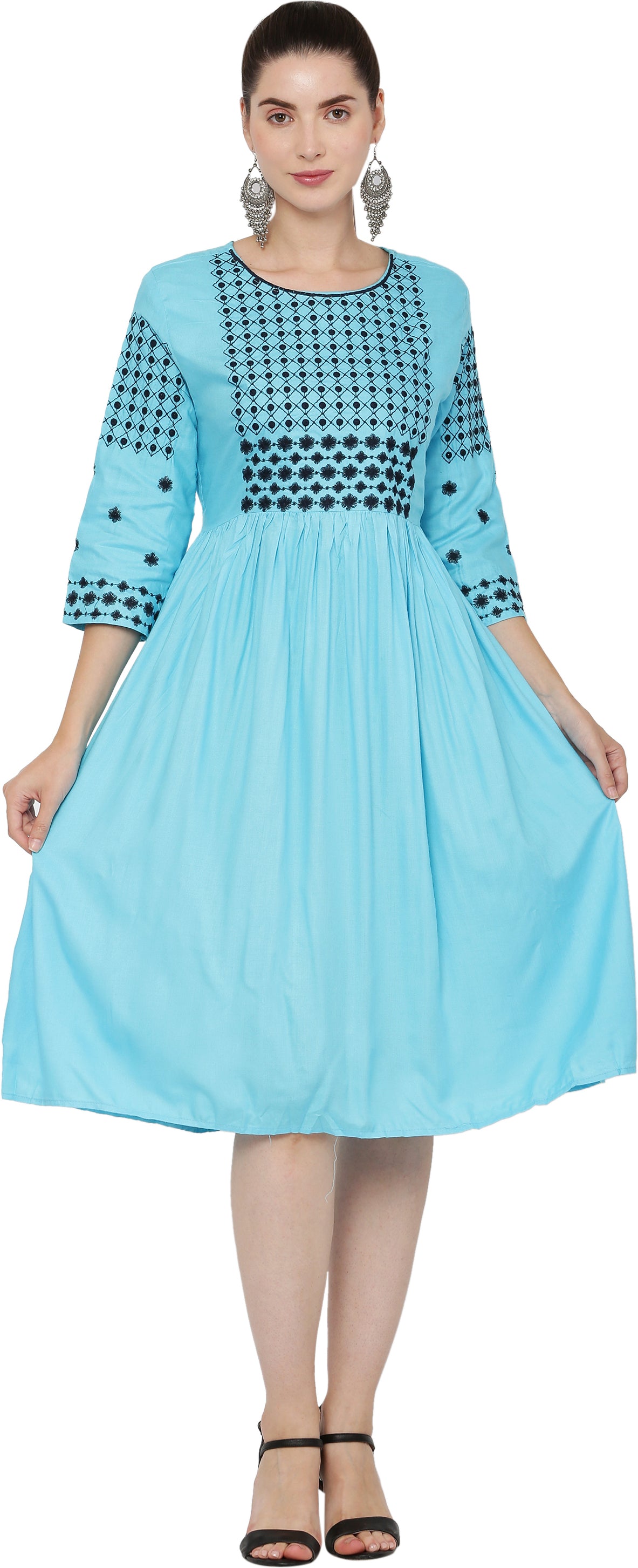 PAVONINE Firozi Color Polka Dots Embroidery Dress For Women - Distacart