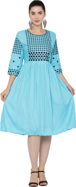 Thumbnail for PAVONINE Firozi Color Polka Dots Embroidery Dress For Women - Distacart