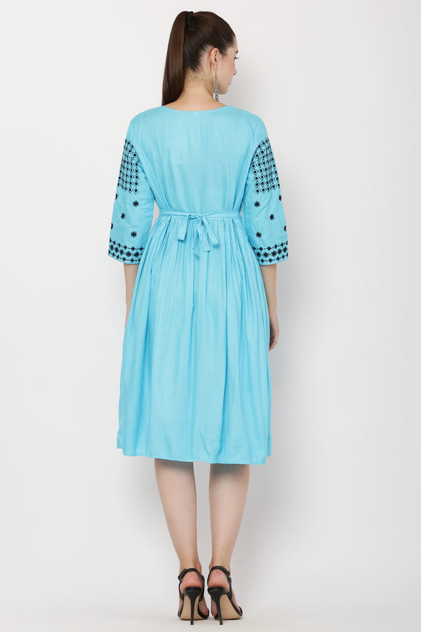 PAVONINE Firozi Color Polka Dots Embroidery Dress For Women - Distacart