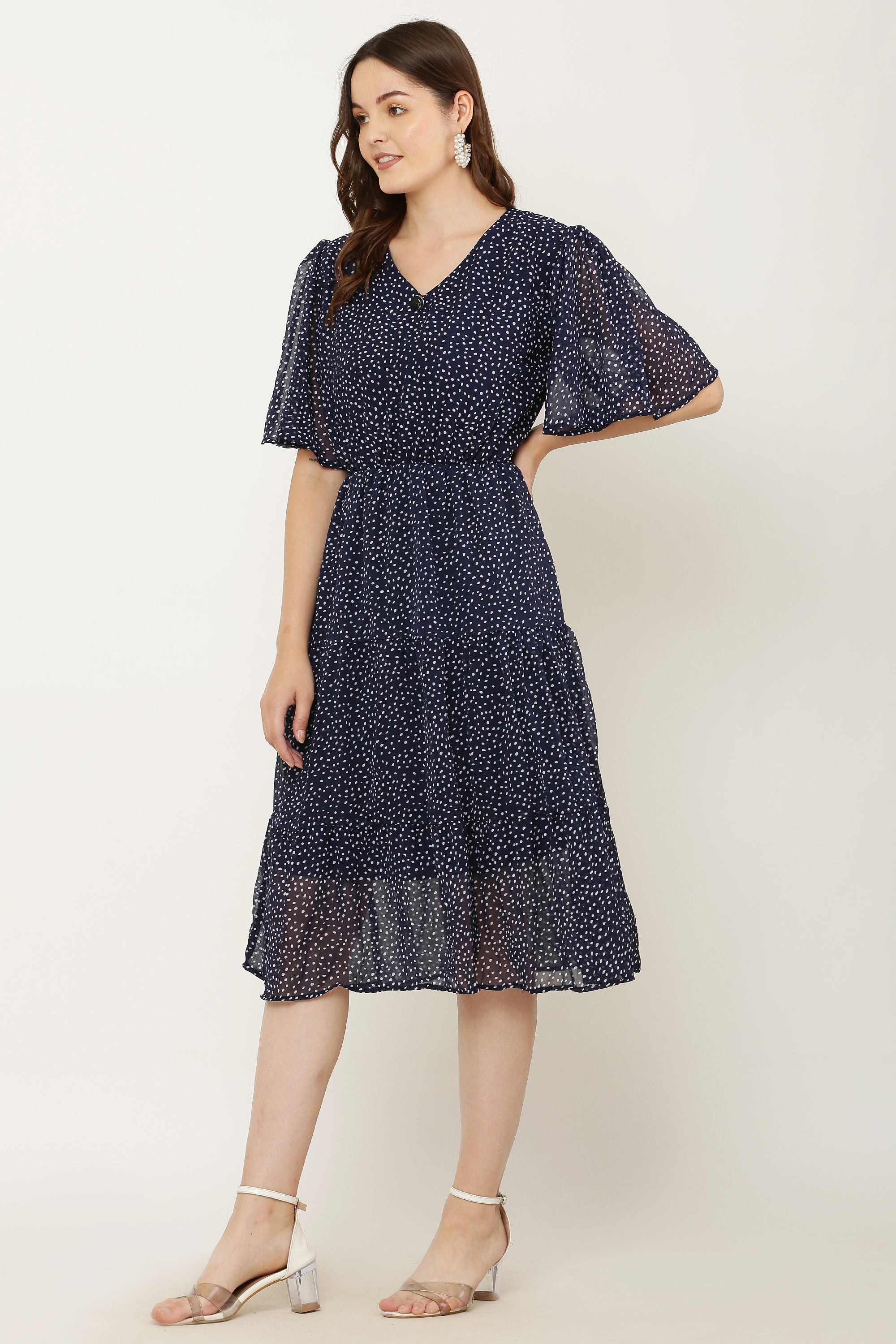 PAVONINE Micro Dots V-Neck Georgette Fabric Navy Blue Dress For Women - Distacart