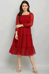 Thumbnail for PAVONINE Buta-Design With Square-Neck Maroon Dress For Girls & Women - Distacart