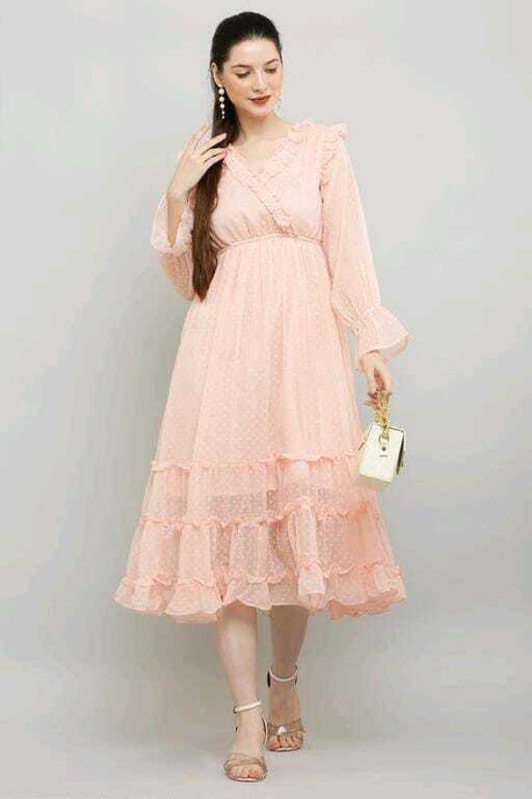 PAVONINE Buta-Design With V-Neck Peach Dress For Girls & Women - Distacart