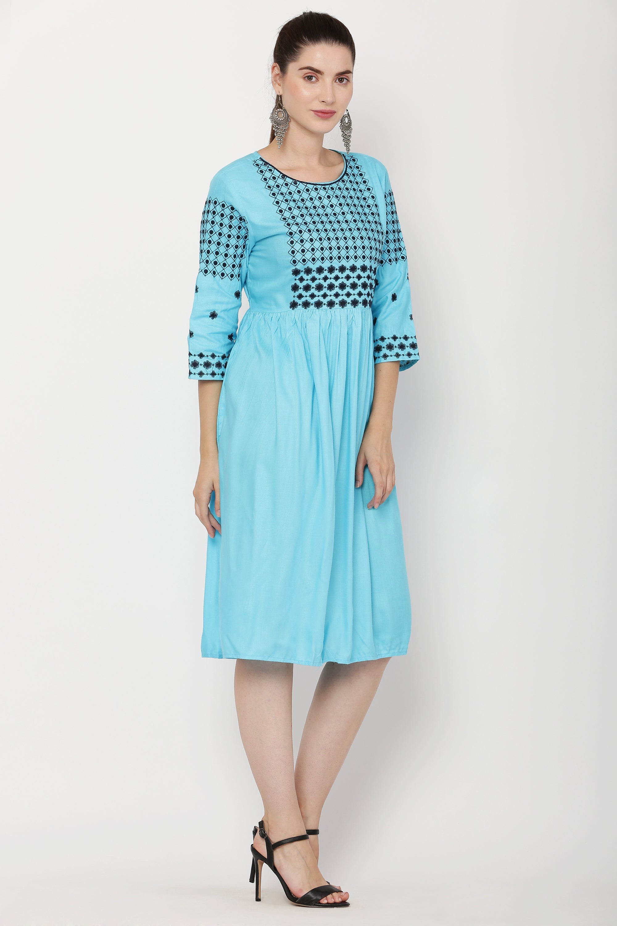 PAVONINE Firozi Color Polka Dots Embroidery Dress For Women - Distacart