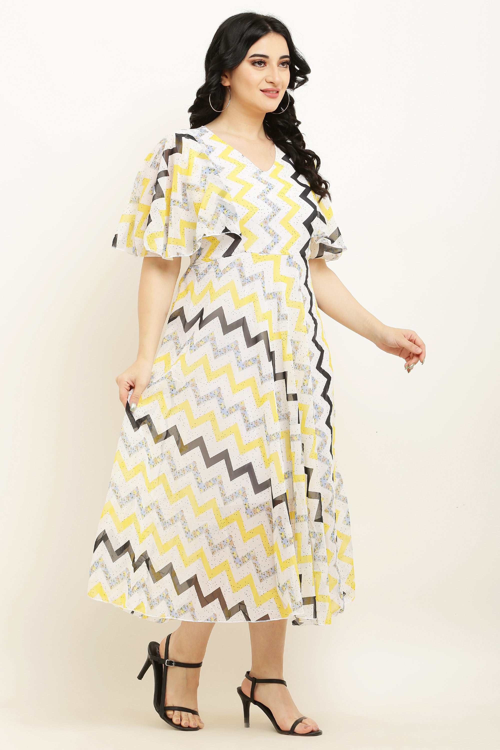 PAVONINE Zig-Zag Printed Georgette Fabric Yellow Dress For Women - Distacart