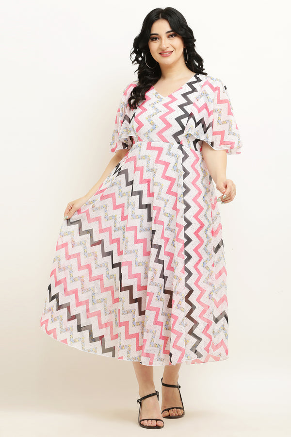 PAVONINE Zig-Zag Printed Georgette Fabric Peach Dress For Women - Distacart
