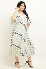 Thumbnail for PAVONINE Zig-Zag Printed Georgette Fabric Light Green Dress For Women - Distacart