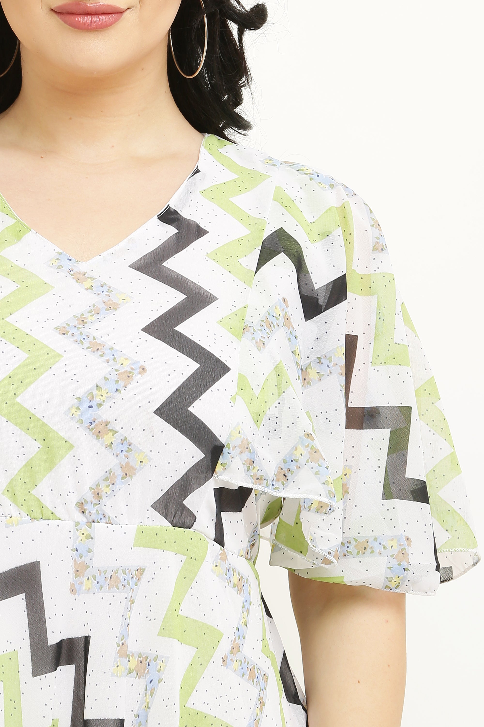 PAVONINE Zig-Zag Printed Georgette Fabric Light Green Dress For Women - Distacart