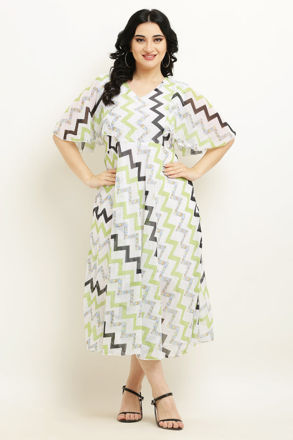 PAVONINE Zig-Zag Printed Georgette Fabric Light Green Dress For Women - Distacart