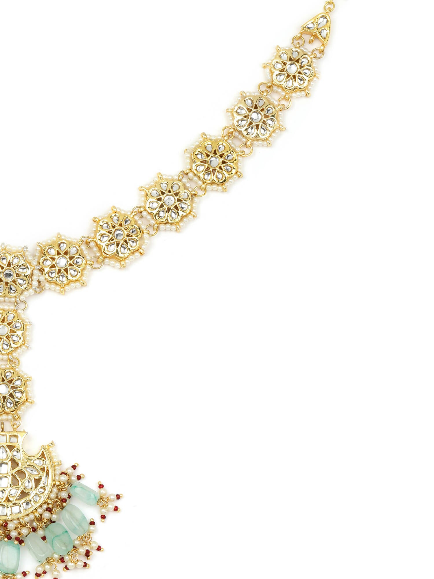 Gold-Plated White Blue Kundan-Studded Pearl Beaded Matha Patti - Ruby Raang - Distacart