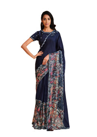 Thumbnail for Blue Satin Crepe Silk Sequence Embroidered Saree With Unstitched Blouse - Mohmanthan Yavanika - Distacart